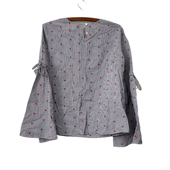 Tanya Taylor Blue Striped Pink Embroidered Stars Bell Sleeve Blouse Size Small - Picture 3 of 5